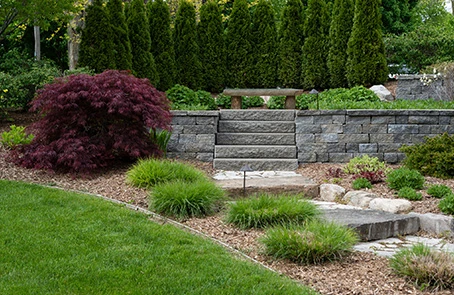 Hardscaping in backyard with steps up to a platform